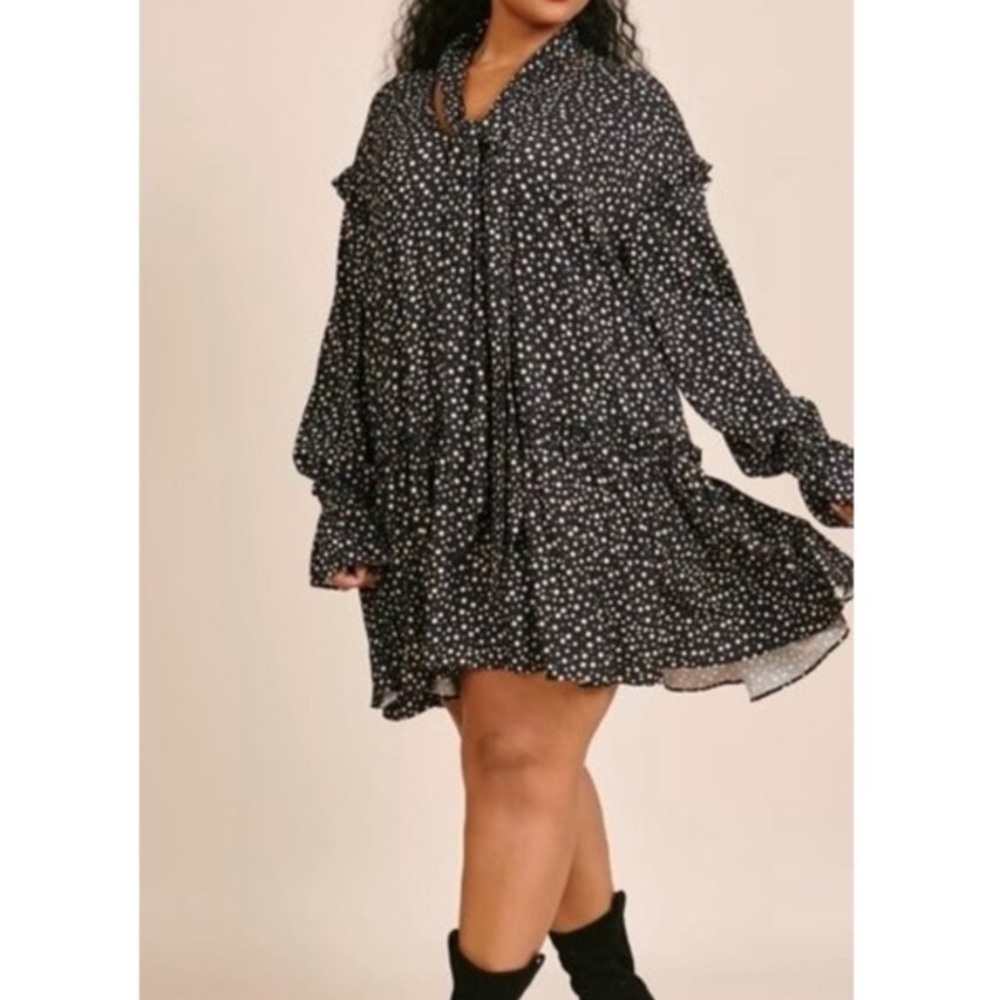 11 Honore Black Tan Scatter Polka Dot Long Sleeve Tie V-Neck Flowy Mini Dress - Picture 10 of 12
